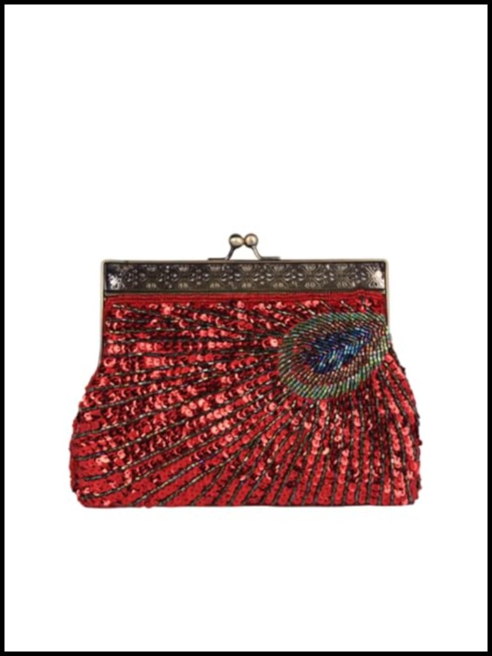 Sequin Beaded Peacock Clutch Bag with Kiss-Lock and Detachable Chain for